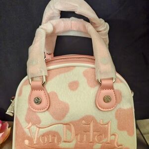 Von Dutch Pink and White Cow Print Bowling Bag